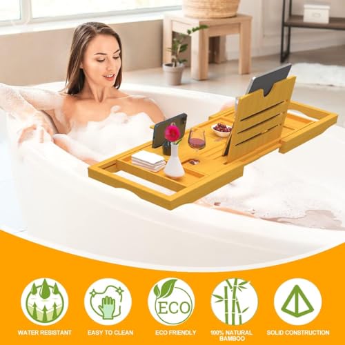 Premium Bathtub Caddy Tray - Expandable Bath Tray - Adjustable Bathroom Tray Tub - Luxury Bath Caddy Tub Table - Unique House Warming Gifts New Home…, Natural, 23x36