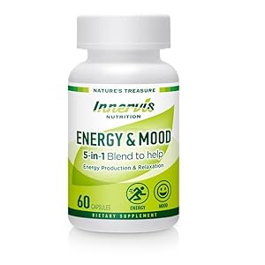 Energy & Mood Supplement – 60 Capsules 5-in-1 Blend Boost Energy Production Support Relaxation Fatigue Stress Relief Formula Mood Enhancer