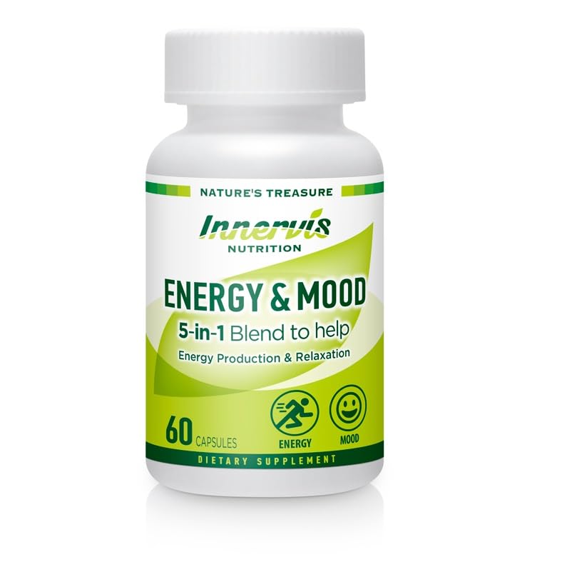 Energy & Mood Supplement – 60 Capsules 5-in-1 Blend Boost Energy Production Support Relaxation Fatigue Stress Relief Formula Mood Enhancer – Non-GMO & Lab Tested