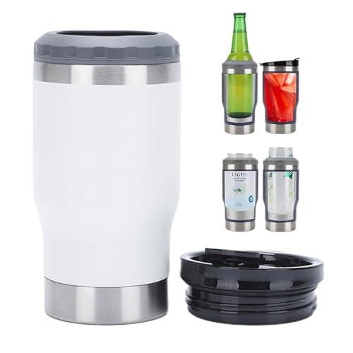 PCSCER 4 in 1 Travel Mug and Can Insulator for 12 oz Can and Beer Bottle. Stainless steel Vacuum Insulated Cup and Thermocooler. (White)
