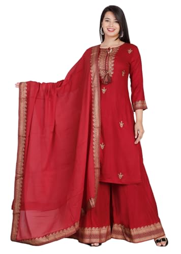 Women's Traditional Red Palazzo Suit Set with Dupatta, Gold Embroidered,