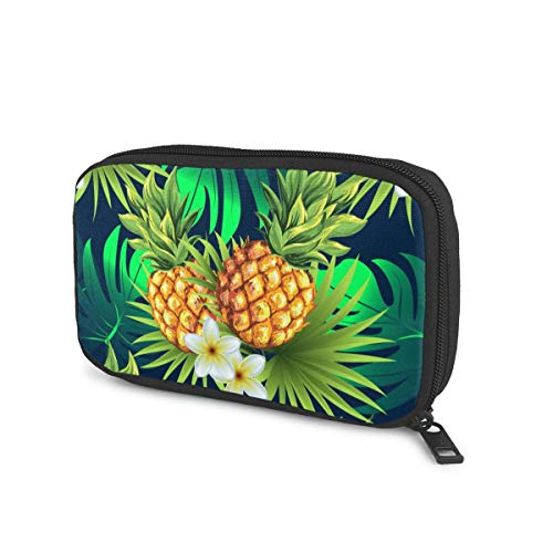 Electronics Organizer Pineapples with Palm Tropical Leaves Blue Electronic Accessories Cable Organizer Case Bag Double Layer Travel Cable Storage Bag for Cables, Laptop Charger, Tablet Thick Large