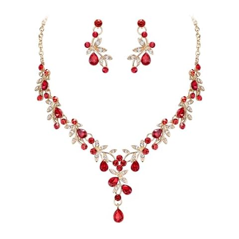 Crysdue Wedding Bridal Jewelry Set for Women, Gold Plated Teardrop Crystal Cluster Leaf Statement Necklace Chandelier Dangle Earrings Red Costume Jewelry for Prom Party Cover