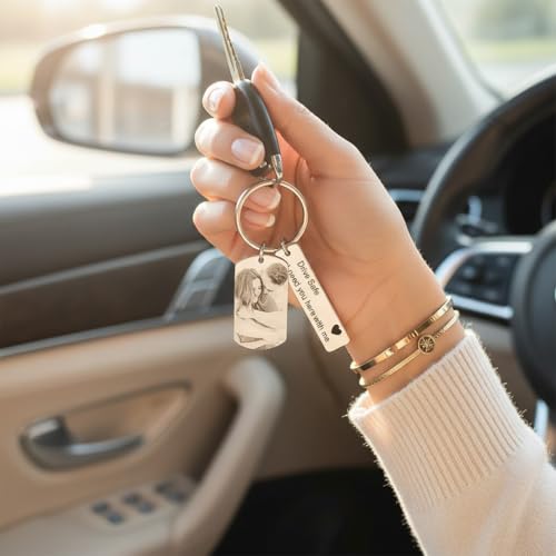 Image of Personalized Photo Keychain, Custom Drive Safe Keychain with Picture Engraving, Romantic Couple Key Ring Gift for Boyfriend /Girlfriend, Anniversary, Valentine, Birthday, Long Distance Gift