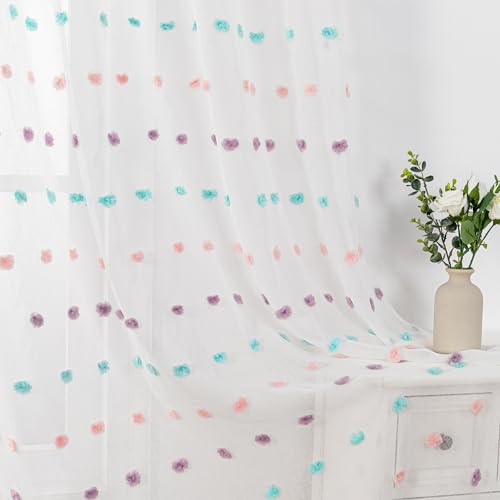 MYSKY HOME Gardinen mit Ösen Vorhang Kinderzimmer Voile Vorhänge Modern für Kinderzimmer Bunt Gardine Sticken Halbtransparent Raumteiler… – Ansicht 6