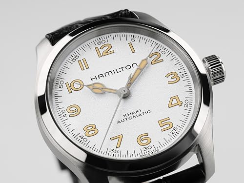 Image of Hamilton Khaki Field Murph Automatic Men's Watch, 38mm Stainless Steel Case, Swiss Made, White Dial Analog Wrist Watch for Men, 100m Waterproof, Sapphire Crystal, 3-Hand Movement, Calf Leather Strap