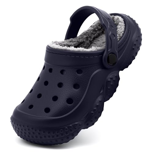 Image of INMINPIN Kids Girls Boys Fur Lined Clogs Fuzzy Slippers Toddler Winter Warm Garden House Shoes Indoor Outdoor, Dark Blue, Label Size 10-11 Little Kid = US Size 11-11.5 Little Kid