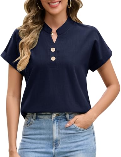 UMIPUBO Blusas Mujer Verano Manga Corta Cuello en V Camisas con Botón Elegante Camisetas Suelta Blusones Casual Básica Camisa Moda T Shirts Tunic Tops (Azul Marino, XL)