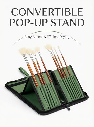Image of Long Brush Holder & Organizer, Canvas Case 5.7 x 14.8 in, Green | 15 Slots Zipper Paint Brush Case for Brushes up to 13 in Length, Artist Long Handle Brush Art Case (Brush Not Included)
