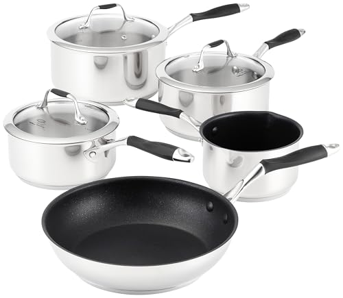 Stellar James Martin Set of 5 Stainless Steel Pans, 20cm, 18cm, 16cm Saucepans with Lids, 14cm Milk Pan, 24cm Non-Stick Frying Pan, Induction Ready, Oven Safe, Dishwasher Safe