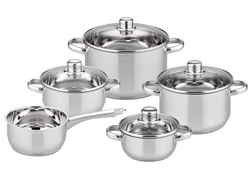 ELO Basic Galactica - Batería de cocina (5 piezas, acero inoxidable, tapa de cristal, apta para todo tipo de fuegos, escala de volumen, fondo encapsulado de ahorro de energía)