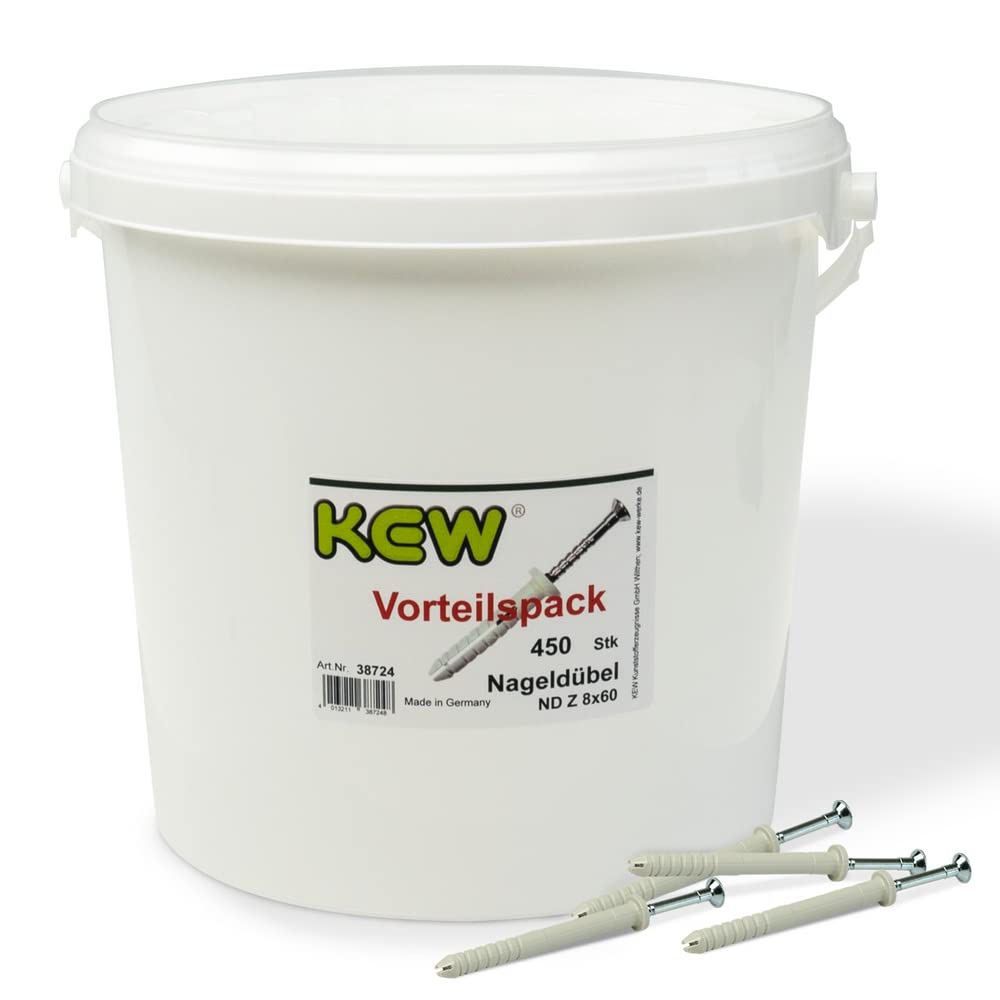KEW 450x Tassello con Vite Con Testa Cilindrica E Vormontierter Nagelschraube - Spreiz-Dübel - Tassello IN Nylon Con Einschlagsperre - 8 X 60 MM - 450er-Pack