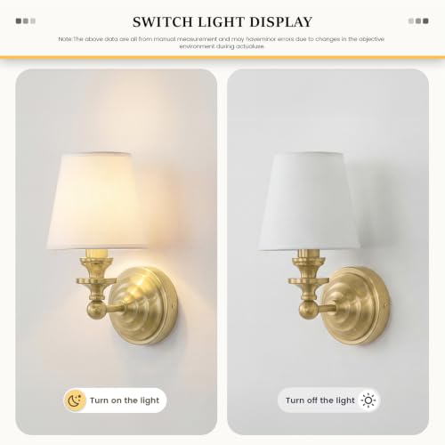 Image of Antique Linen Shade Wall Sconce- Brass Finish Base and Conical Fabric Shade Wall Light Fixture for Bathroom, Bedroom, Dining Room and Entryway(6.5 inch D x 11.5 inch H Brass)