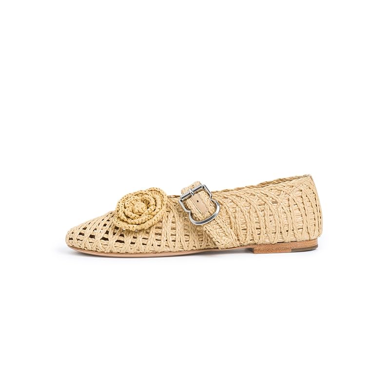 Woven Ballet Flats for Women Round Toe Mary Jane Shoes with Flower Comfortable Buckle Ballerina Flats Shoes