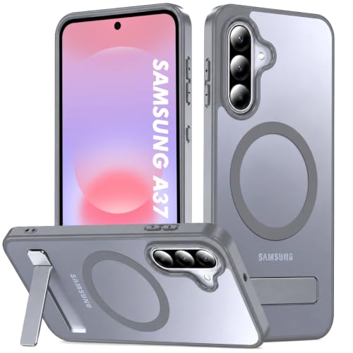 Image of Elzzi MagSafe Compatible Case for Samsung A37 Translucent Matte Bottom Kickstand Shockproof Slim Anti-Fingerprint Magnetic Hybrid Protective Cover (Grey)