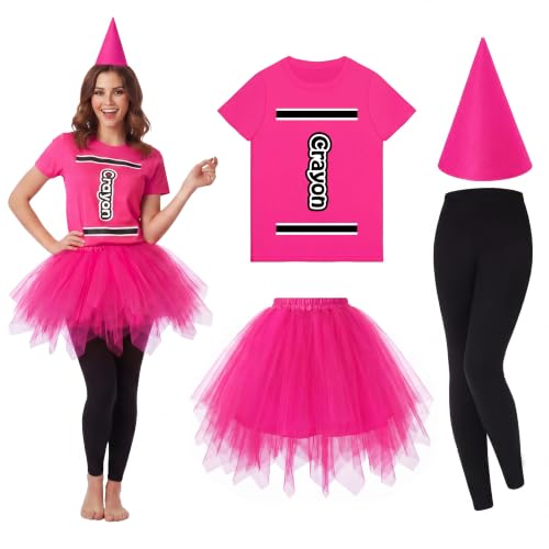 Mepase 4 Pcs Crayon Costume Set Crayon T Shirt Tutu Skirt Gnome Cone Hat Leggings for Women Group Team Outfit(Rose Red L)