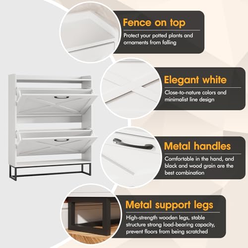 Maupvit Shoe Cabinet with 2 Flip Drawers, Freestanding Shoe Cabinet Organizer with Metal Legs, Shoes Storage Cabinet for Entryway, Narrow Shoe Rack Cabinet, White