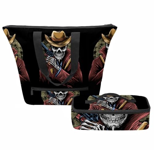 VAPOKF Red Jacket Skul Holds Gun Handtaschen für Frauen, Tote Umhängetasche mit isoliertem Lunchbeutel-Set, Tragegriff oben mit Reißverschluss, multi, Einheitsgröße