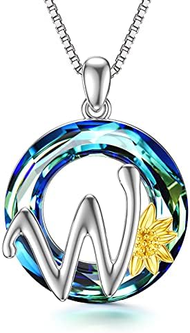 Sunflower Initial Necklace 925 Sterling Silver A-Z 26 Letters Pendant Name Necklace Crystal Alphabet Personalised Jewellery Gifts for Women Teenage Girls