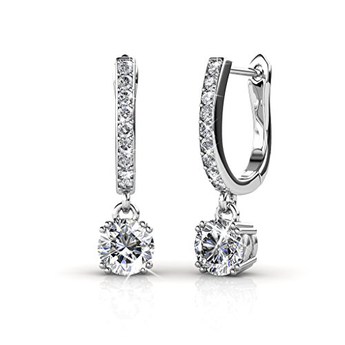 Cate & Chloe McKenzie 18k White Gold Dangling Earrings with Swarovski Crystals, Solitaire Crystal Dangle Earrings, Best Silver Drop Earrings for Women, Channel Set Drop Horseshoe (White Gold)