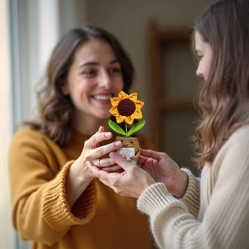 Image of Handmade Positive Sunflower Crochet Doll for Women with True Friends are Like Bright Sunflowers Card - Cute Decorative Friendship Gifts for Birthday
