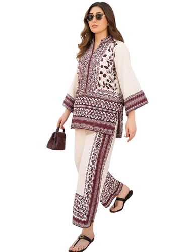 Image of Modestouze Attires Cord Set for Women Cotton Stylish Poly Rayon - Turkish Co Ord Set for Women Stylish Mandarin Neck Floral Print Western Co Order Sets, Wear as Office Coat, Travel Coord