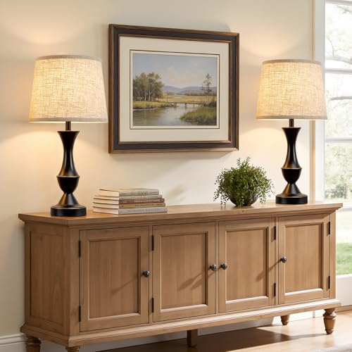 Image of Luvkczc Table Lamp Set of 2, 19 inch Farmhouse Vintage Bedside Lamps | for Living Room & Bedroom, Linen Shade Desk Lamps for Nightstand, Office, Study(Bulb not included)