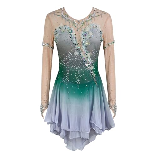 Robe patinage artistique vert dégradé pour gala et compétition sur glace