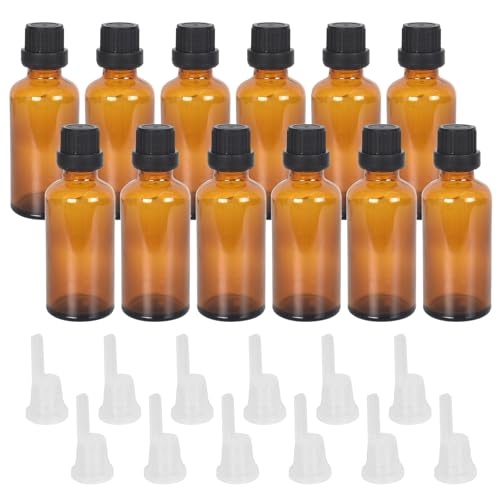 Zimoer Confezione da 12 flaconi da 50 ml in vetro ambrato tappo antimanipolazione - Piccoli flaconi per oli essenziali, profumi e cosmetici