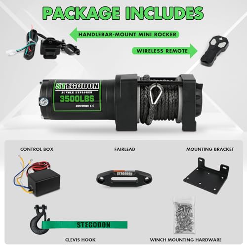 STEGODON 3500 lb Winch ATV UTV Electric Winch,12V Waterproof Winch Synthetic Rope Trailer Electric Winch with Wired Remote and Wireless Remote for ATV UTV Towing,Boat,Off-Road