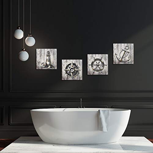 Sechars 4 Piece Rustic Nautical Wall Art Decor Vintage Ocean Prints Steering Wheel Anchor Lighthouse Compass Painting Canvas Prints Framed For Home Bedroom Bathroom Decorations Each Piece 12X12 #TOP1