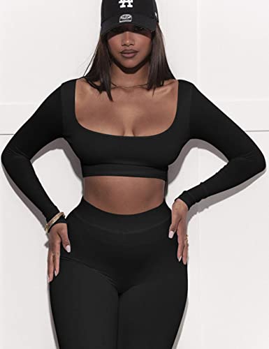 Kaximil Women's Workout Tracksuit 2 Piece Outfits Long Sleeve Crop Top Legging Pants Matching Sets, Small, Black #TOP2