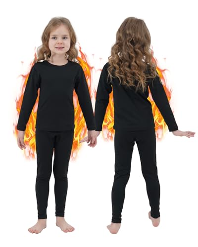 PISIQI Girls Thermal Underwear Set Ultra Soft Long Underwear for Kids Fleece Lined Winter Warm Base Layer Kids Long Johns Set Black