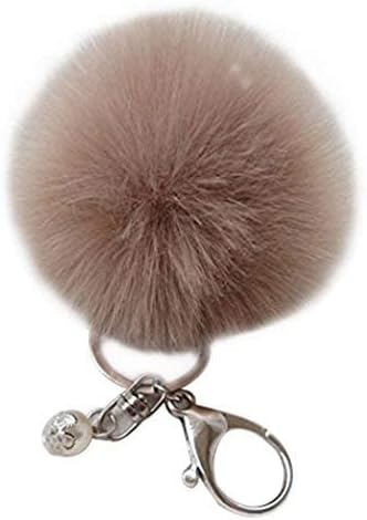 Shining crown Pom Pom KeyChain Fluffy Fur Ball Pearl Keyring Pendant Accessory Charm for Women Handbag Car Key with Giftbox, Light Brown