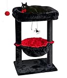 SYANDLVY Gothic Cat Tree with Coffin Bed for Indoor Cats, Activity Cat Tower with Scratching Post for Kittens, Cat Condo Furniture with Basket & Spider Hanging Ball for Play Rest