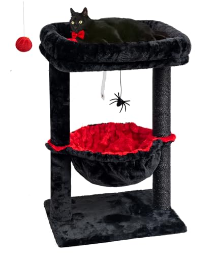 SYANDLVY Gothic Cat Tree with Coffin Bed for Indoor Cats, Activity Cat Tower with Scratching Post for Kittens, Cat Condo Furniture with Basket & Spider Hanging Ball for Play Rest