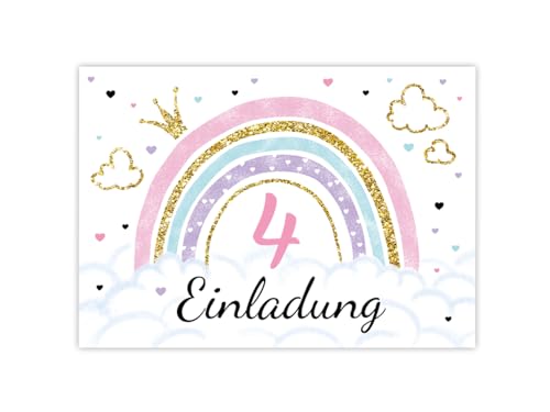 Minkocards 12 Einladungskarten zum 4. Kindergeburtstag Mädchen Regenbogen Einladung vierte Geburtstag Mädchengeburtstag Geburtstagseinladungen