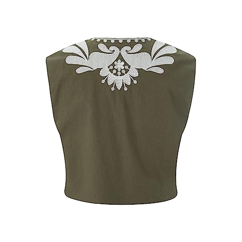 Image of Women Vintage Floral Embroidered Vest Y2K Sleeveless Open Front Cardigan Boho Linen Cropped Waistcoat