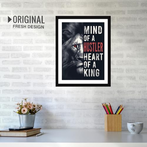 Image of Chaka Chaundh - MIND OF A HUSTLER HEART OF A KING - Lion Quotes wall framed poster - Motivational Quotes frames for Office, Home, Student - (11 X 14 Inches)