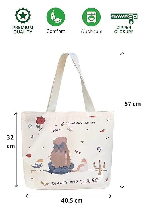 K2P Women Reusable Shopping/Grocery Classic Tote Bag With Pocket Shoulder Canvas Handbag Travel Bag Multi-Purpose 4