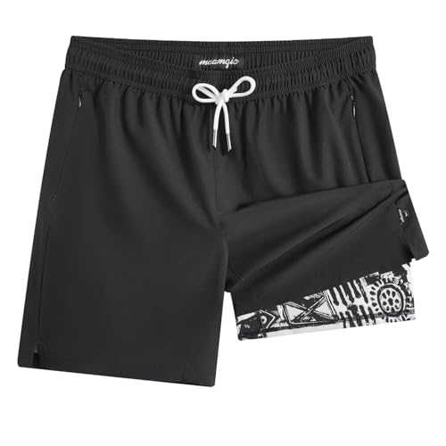 maamgic Mens Swim Trunks - Mens Bathing Suit with Compression Liner 7 Inch Quick Dry Fshion Stretch Zipper Pockets Swimwear Black Floral