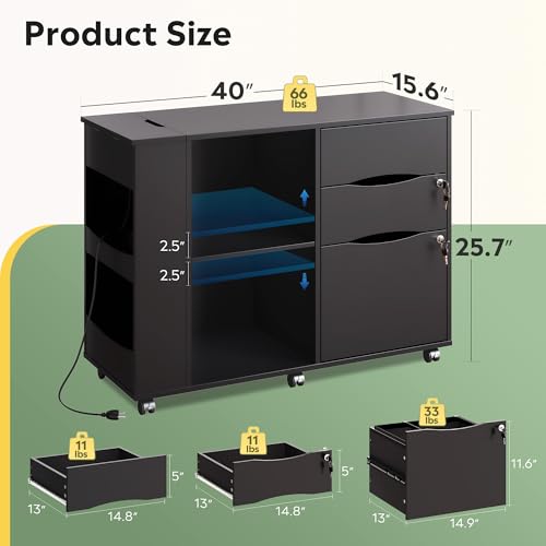 DEVAISE File Cabinet with Lock, 3 Drawer Rolling Mobile Lateral Filing Cabinets with Charging Station Printer Stand with Open Storage Shelves Fits A4 or Letter Size for Home Office Black - Thumbnail 3