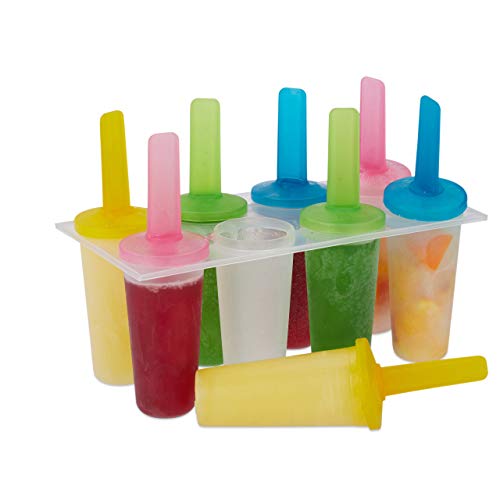 Relaxdays Eisformen, 8 runde Eisförmchen, bunte Stiele, DIY, Stieleisformen für Kinder und Erwachsene, rund, transparent