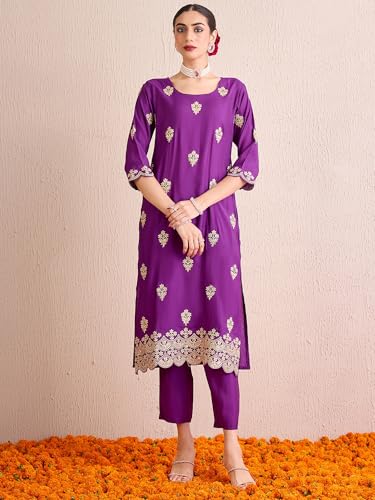 Image of INDO ERA Women's Silk Blend Embroidered Straight Kurta Pant with Dupatta (Iestr6307)