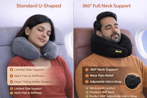 Image of HEVEA Travel Neck Pillow with Eye Mask,100% Memory Foam & 360 Degree Neck Support Pillow for Flight, Car, Bus,Train Travel, Adjustable Velcro, Washable Velvet Cover, Free Travel Pouch.. (Black)