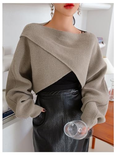 Image of RoseSeek Women's Boat Neck Criss Cross Wrap Crop Sweater Long Sleeve Knit Pullover Tops Grey Large