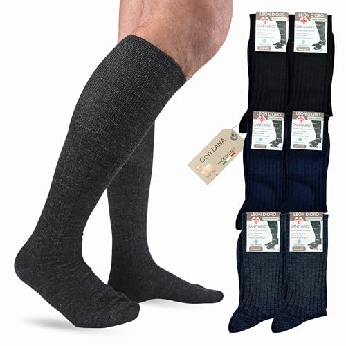 LEON D'ORO Calcetines de hombre lana largos sanitarios calcetines hombre sin elástico para diabéticos Made in Italy, ASS, 43-45
