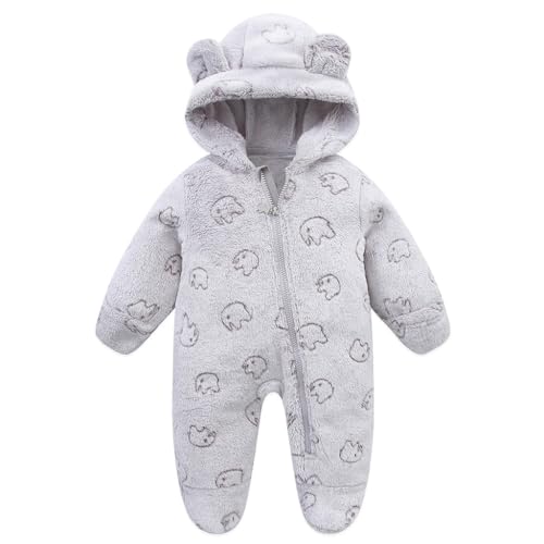 BRONG Recién Nacido Lana Mono Pijama Invierno Bebé Encapuchado Mameluco Cremallera con Patas Franela Trajes Gris 0-3 Meses