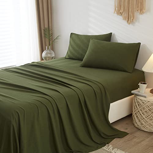 Bulutu Army Green Twin Bed Sheet Set 3 Pieces Deep Pocket 100% Washed Microfiber Bedding Sheets Super Soft,Fade Resistant,Machine Washable Hotel Luxury Green Bed Sheets Breathable #TOP13