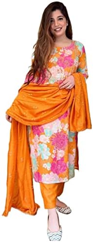 GoSriKi Women's Cotton Blend Embroidered Floral Printed Straight Kurta with Pant & Dupatta